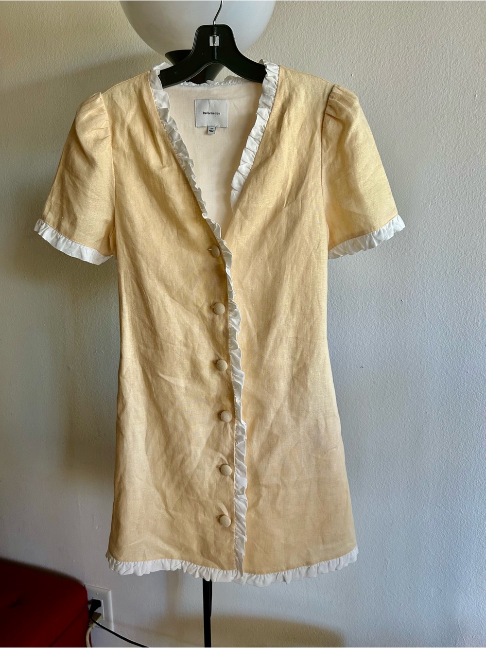 Reformation Pale Yellow Linen Mini Dress with White Ruffle Trim